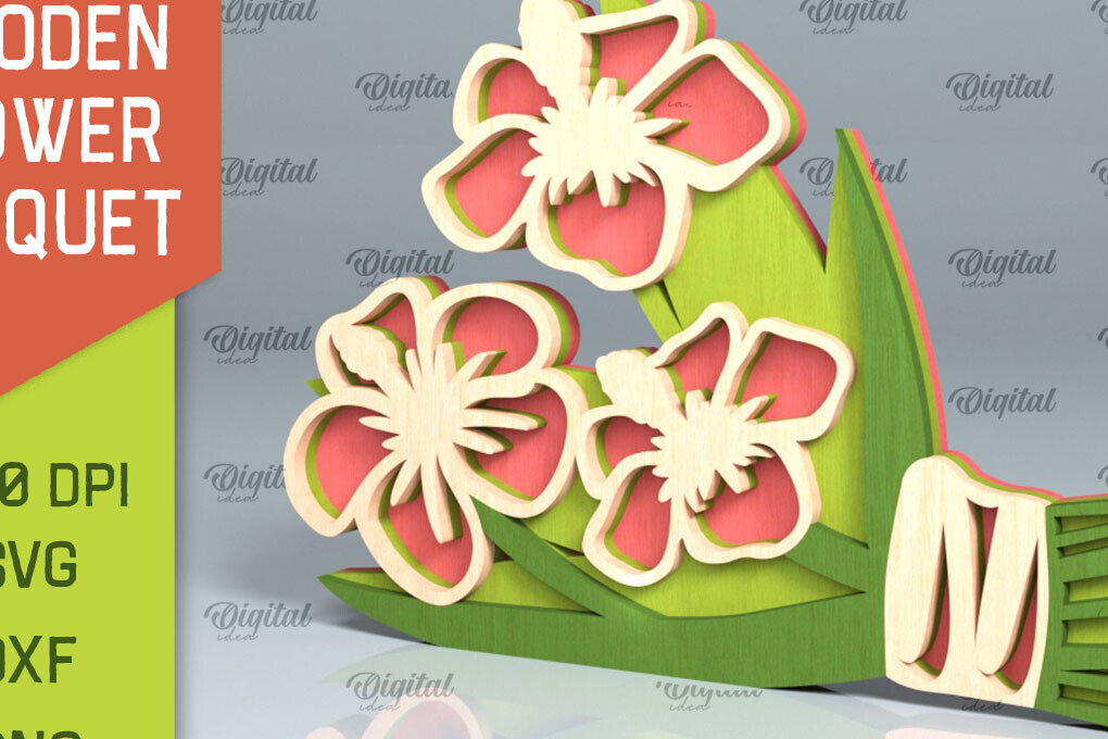 Σετ των 2 Intra απο ξύλο plywood 3mm-4mm πάχος – Ξύλινο μπουκέτο λουλουδιών Δίασταση  20x20 cm INTRAFABR-93787526