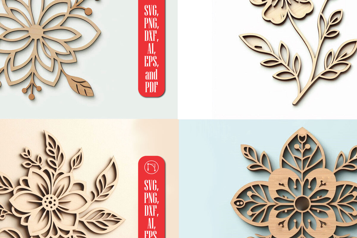 Σετ των 2 Intra απο ξύλο plywood 3mm-4mm πάχος – Ξύλινη δέσμη λουλουδιών Cut Laser Δίασταση  20x20 cm INTRAFABR-118616462