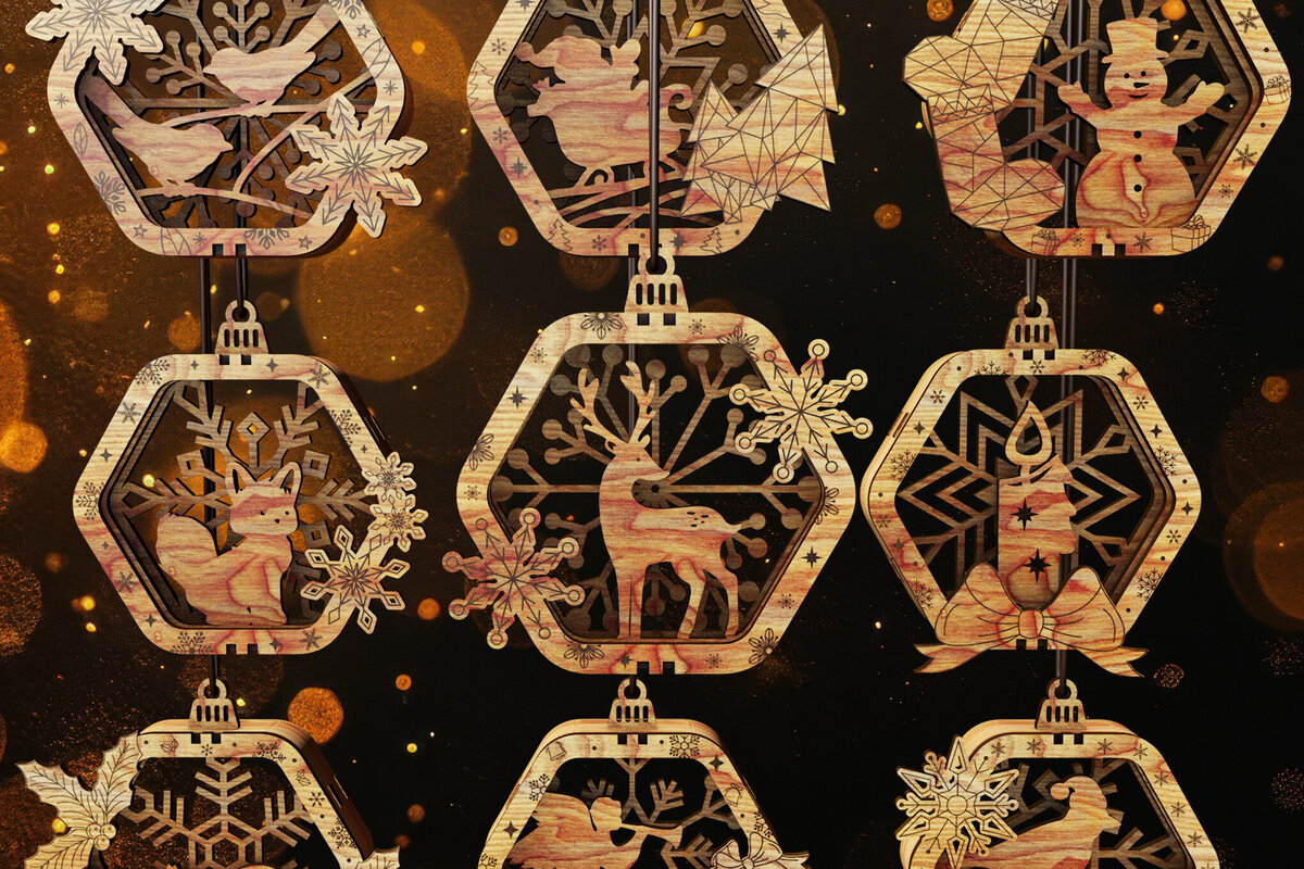 Σετ των 2 Intra απο ξύλο plywood 3mm-4mm πάχος – Ξύλινα εξάγωνα Χριστουγεννιάτικα στολίδια Δίασταση  20x20 cm INTRAFABR-110907956