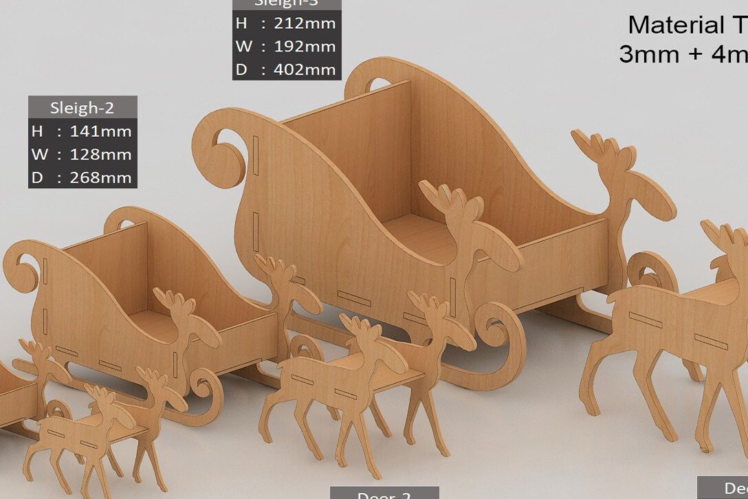 Σετ των 2 Intra απο ξύλο plywood 3mm-4mm πάχος – Ξύλινο έλκηθρο με ελάφια Santa Reindeers Δίασταση  20x20 cm INTRAFABR-41644342