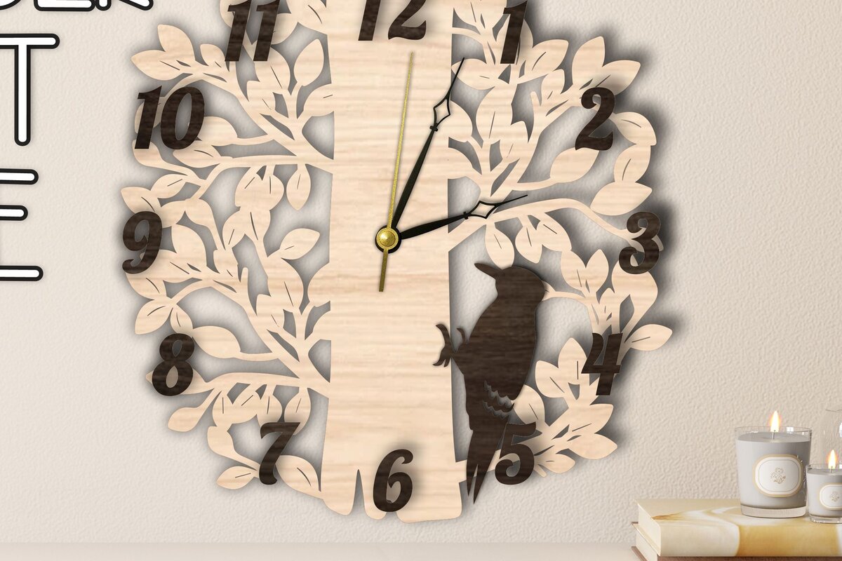 Intra απο ξύλο plywood 3mm-4mm πάχος – Ξύλινο ρολόι τοίχου | Πουλιά στο δέντρο Δίασταση  40x30 cm INTRAFABR-119200811