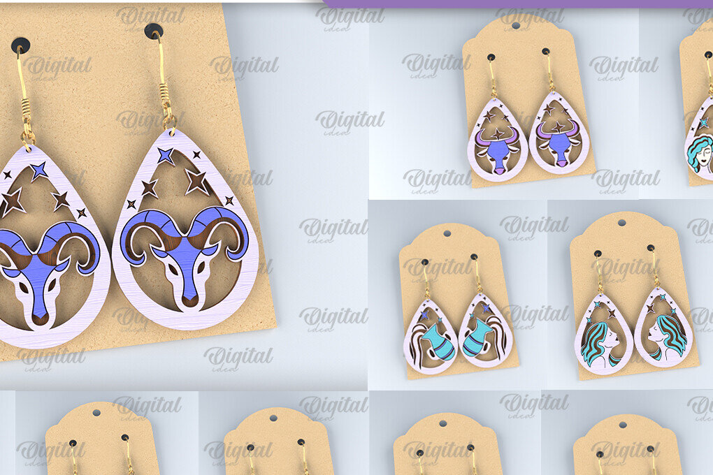 Σετ των 3 Intra απο ξύλο plywood 3mm-4mm πάχος – Ξύλινα Σκουλαρίκια Zodiac Δέσμη κοπής με λέιζερ Δίασταση  5x5 cm INTRAFABR-97000896