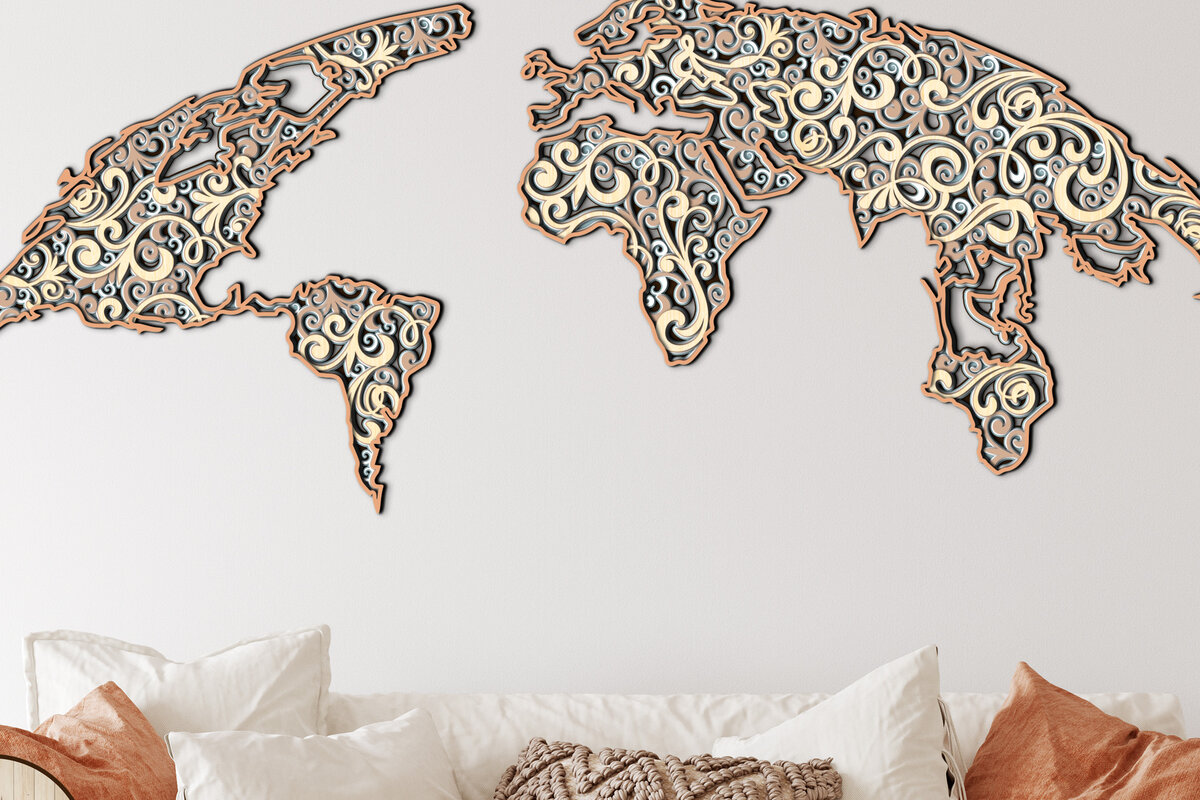 Σετ των 2 Intra απο ξύλο plywood 3mm-4mm πάχος – Αρχεία αποκοπής λέιζερ πολλαπλών επιπέδων παγκόσμιου χάρτη Δίασταση  20x20 cm INTRAFABR-12665766