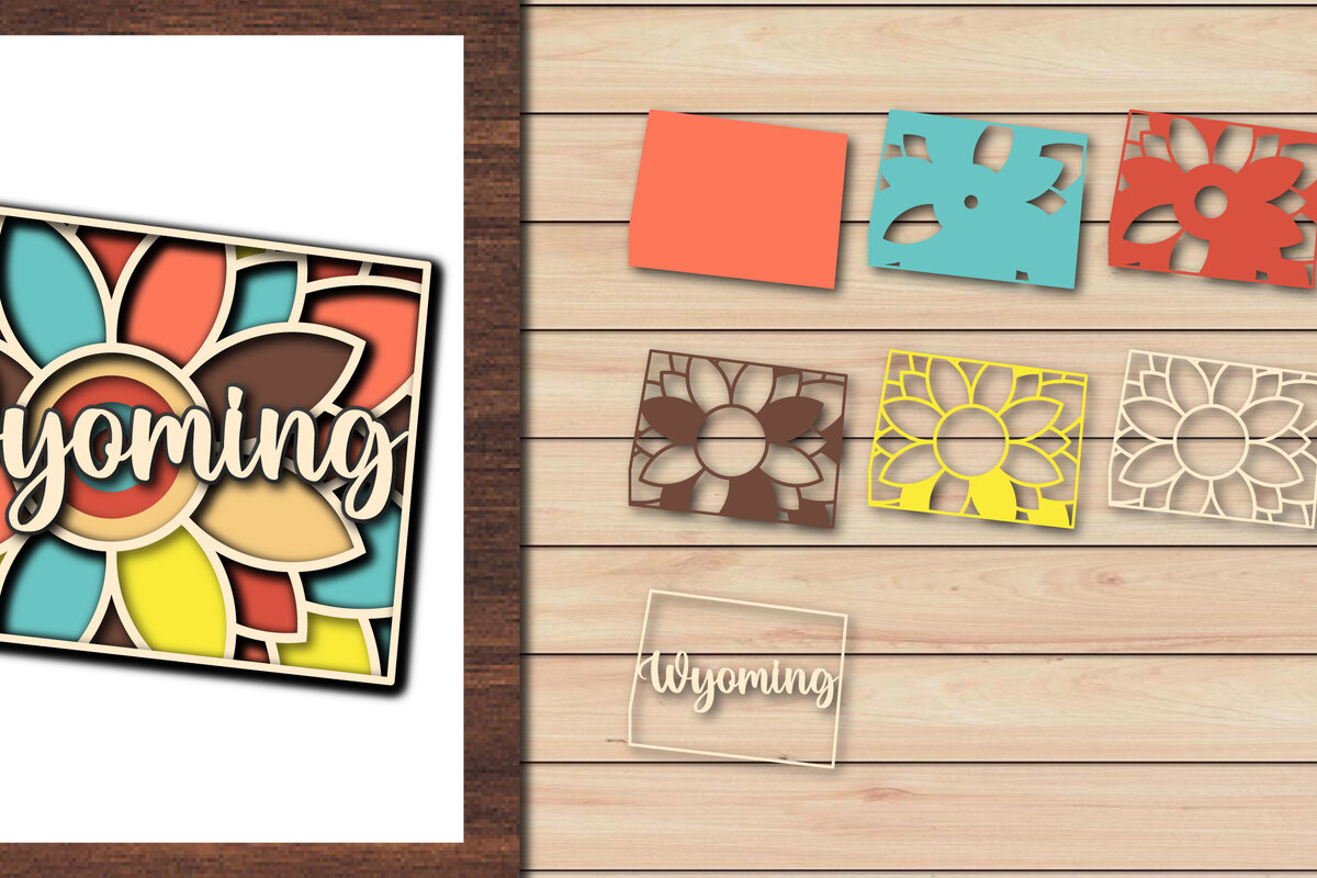 Σετ των 2 Intra απο ξύλο plywood 3mm-4mm πάχος – Κοπή χαρτιού 3d State του Wyoming USA Δίασταση  20x20 cm INTRAFABR-64958127