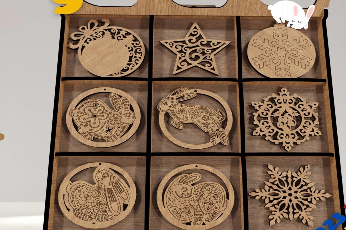 Σετ των 2 Intra απο ξύλο plywood 3mm-4mm πάχος – X-mas Tree: 9 Στολίδια με Presentati Δίασταση  20x20 cm INTRAFABR-114210697