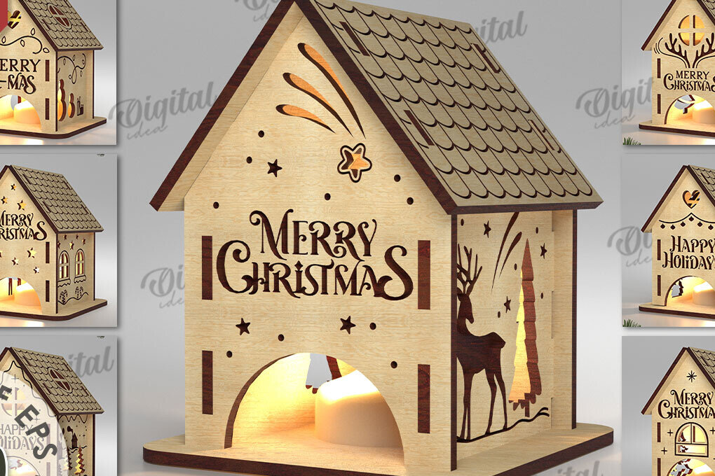 Σετ των 2 Intra απο ξύλο plywood 3mm-4mm πάχος – Πακέτο λέιζερ XMas House Candle Holders Δίασταση  20x20 cm INTRAFABR-108517054