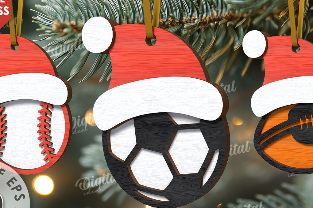 Σετ των 2 Intra απο ξύλο plywood 3mm-4mm πάχος – XMas Sports Ornaments Πακέτο κοπής με λέιζερ Δίασταση  20x20 cm INTRAFABR-110834338