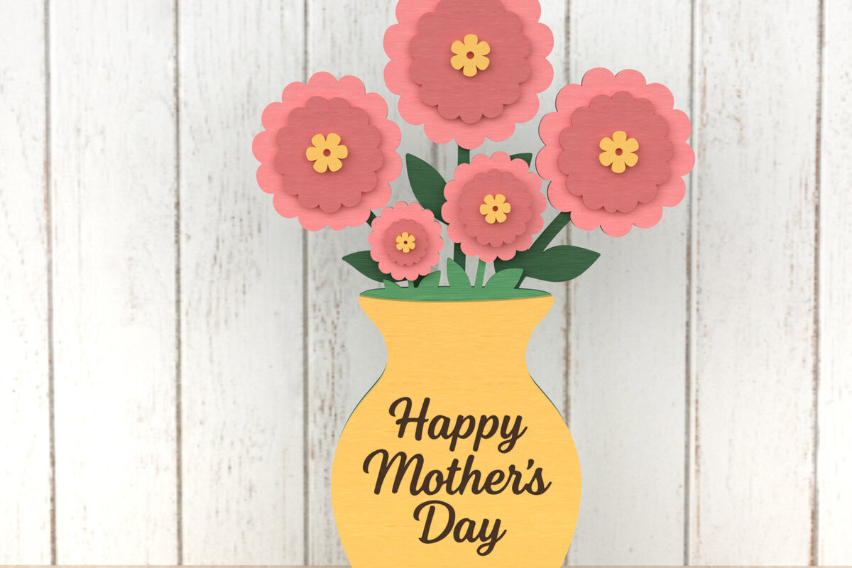 Σετ των 2 Intra απο ξύλο plywood 3mm-4mm πάχος – Κίτρινο βάζο λουλούδια για τη γιορτή της μητέρας Δίασταση  20x20 cm INTRAFABR-119868014