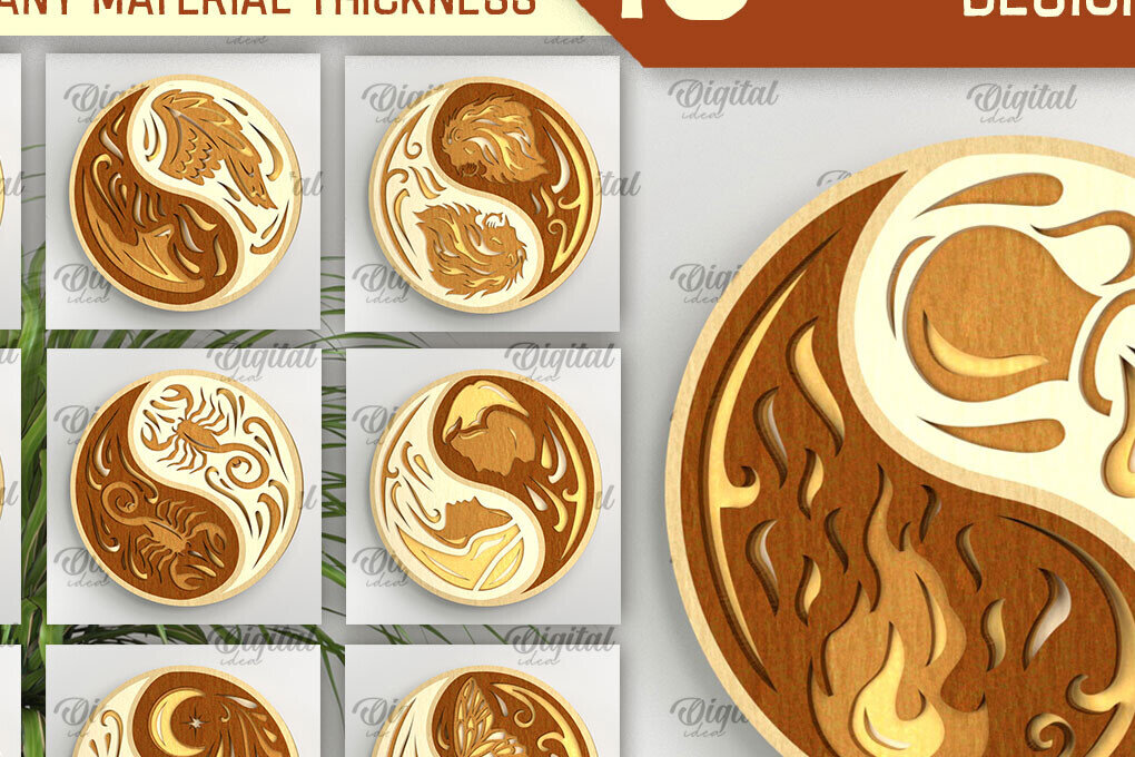 Σετ των 2 Intra απο ξύλο plywood 3mm-4mm πάχος – Δέσμη κοπής λέιζερ πολλαπλών στρώσεων YIN YANG Δίασταση  20x20 cm INTRAFABR-94326017