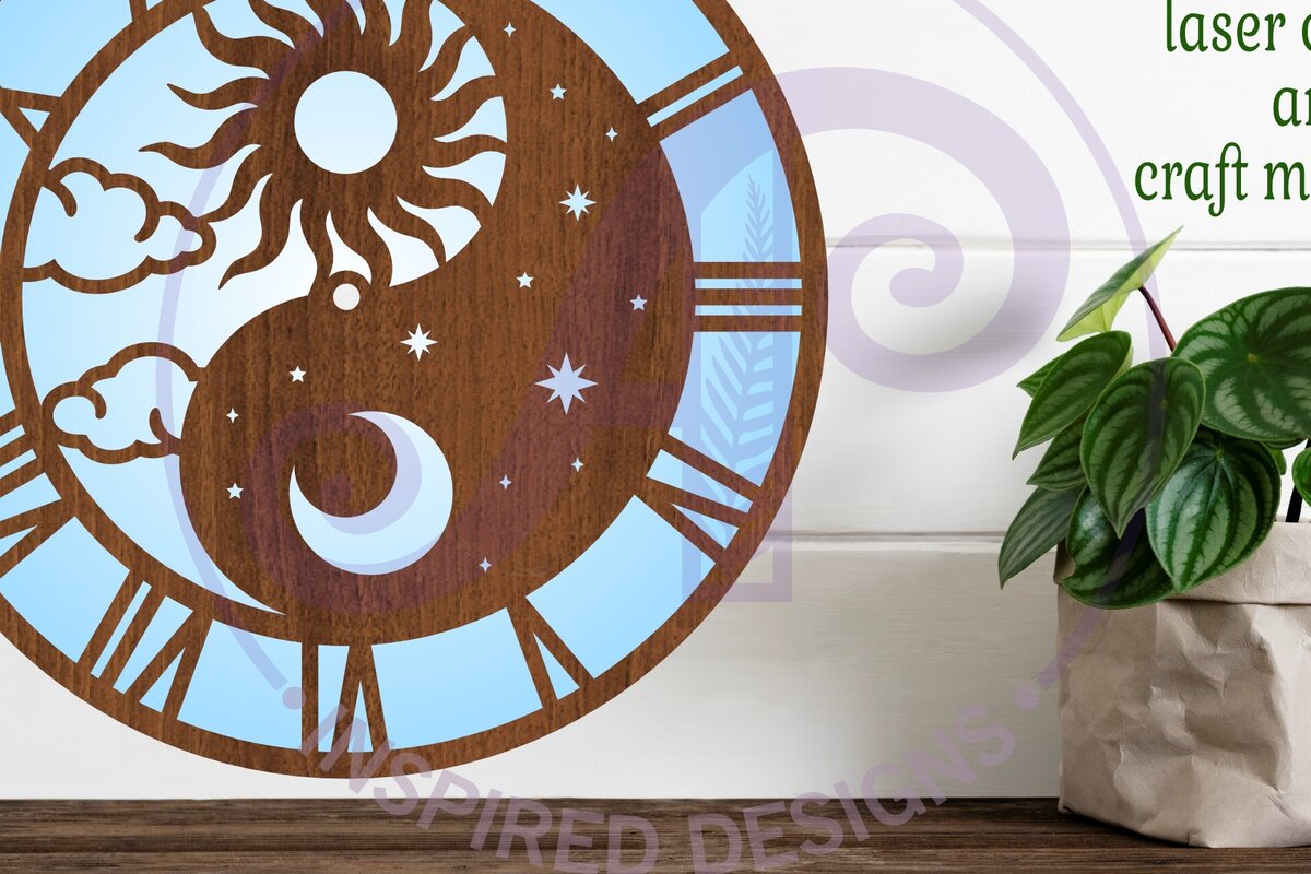 Intra απο ξύλο plywood 3mm-4mm πάχος – Γιν Γιανγκ Ρολόι τοίχου λέιζερ Ήλιου και Σελήνης Δίασταση  40x30 cm INTRAFABR-99096894