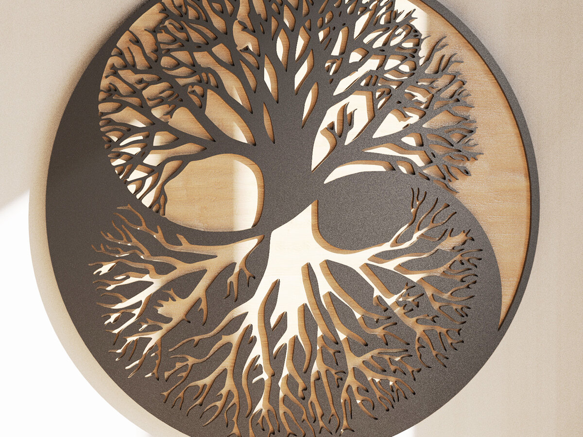 Σετ των 2 Intra απο ξύλο plywood 3mm-4mm πάχος – Γιν Γιανγκ Δέντρο της Ζωής Δίασταση  20x20 cm INTRAFABR-26976278