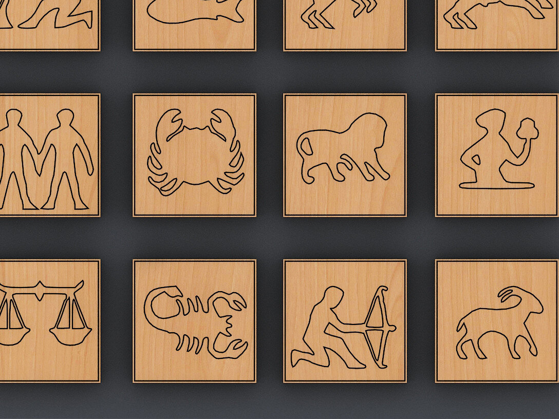 Σετ των 2 Intra απο ξύλο plywood 3mm-4mm πάχος – Zodiac Coaster - Πρότυπα έτοιμα για λέιζερ Δίασταση  20x20 cm INTRAFABR-58473897