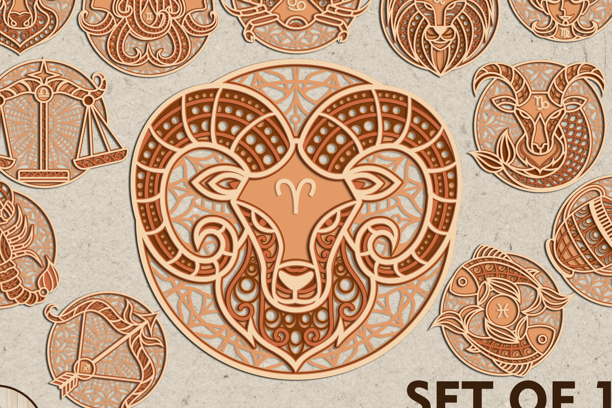 Σετ των 2 Intra απο ξύλο plywood 3mm-4mm πάχος – Αρχεία κοπής με λέιζερ Zodiac | Ωροσκόπιο Δίασταση  20x20 cm INTRAFABR-21496240