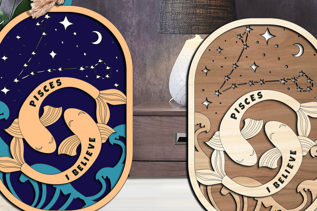 Σετ των 2 Intra απο ξύλο plywood 3mm-4mm πάχος – Αστερισμός Διακόσμησης Σπιτιού Zodiac Pisces Δίασταση  20x20 cm INTRAFABR-105821983