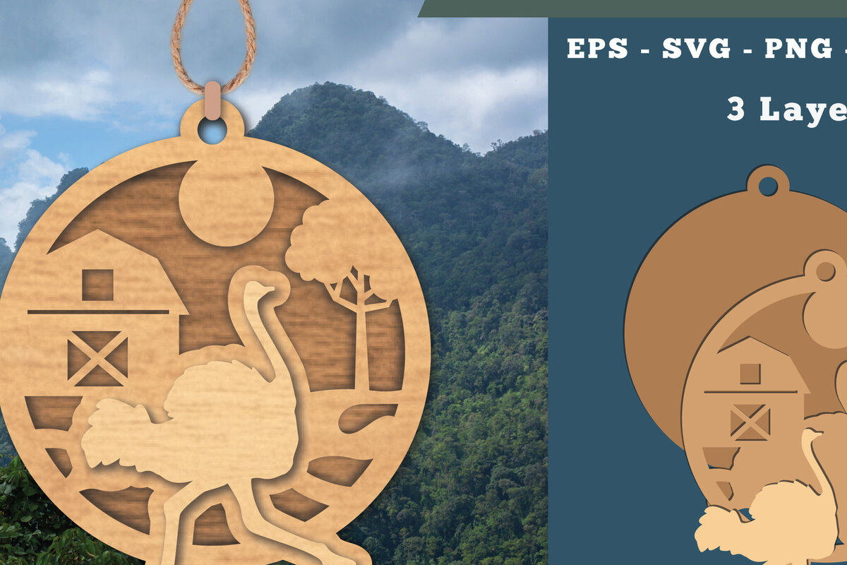 Σετ των 2 Intra απο ξύλο plywood 3mm-4mm πάχος – Στολίδι με λέιζερ στρουθοκαμήλου στο αγρόκτημα Δίασταση  20x20 cm INTRAFABR-112013362