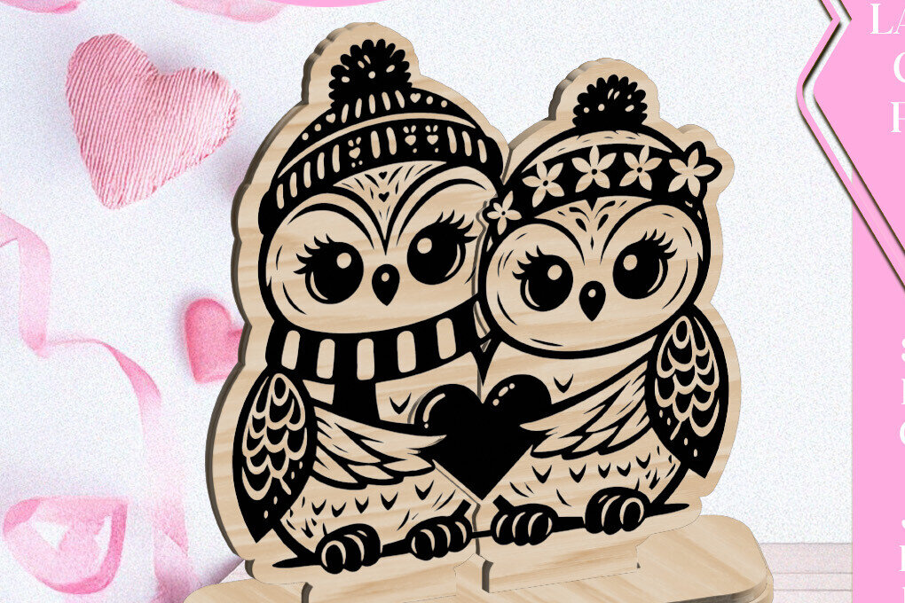 Σετ των 2 Intra απο ξύλο plywood 3mm-4mm πάχος – Owls Love Valentine Στολίδι Δίασταση  20x20 cm INTRAFABR-113161854