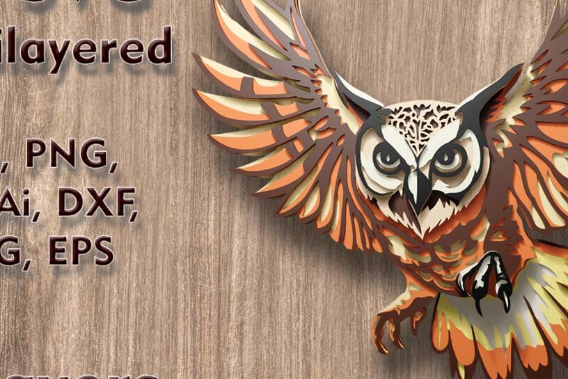 Σετ των 2 Intra απο ξύλο plywood 3mm-4mm πάχος – Αρχεία λέιζερ πολλαπλών επιπέδων κουκουβάγιας 3D Δίασταση  20x20 cm INTRAFABR-109001365