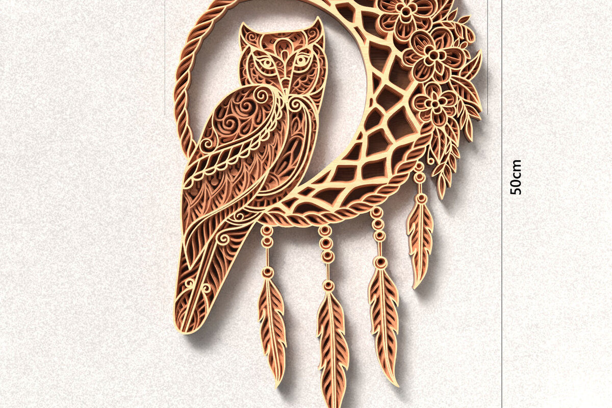 Σετ των 2 Intra απο ξύλο plywood 3mm-4mm πάχος – Owl Dreamcatcher 3D Layered Δίασταση  20x20 cm INTRAFABR-120643359