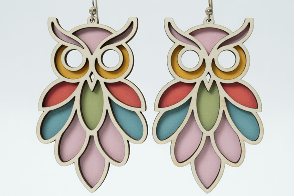 Σετ των 3 Intra απο ξύλο plywood 3mm-4mm πάχος – Σκουλαρίκια κουκουβάγιας Layered design Δίασταση  5x5 cm INTRAFABR-122723532