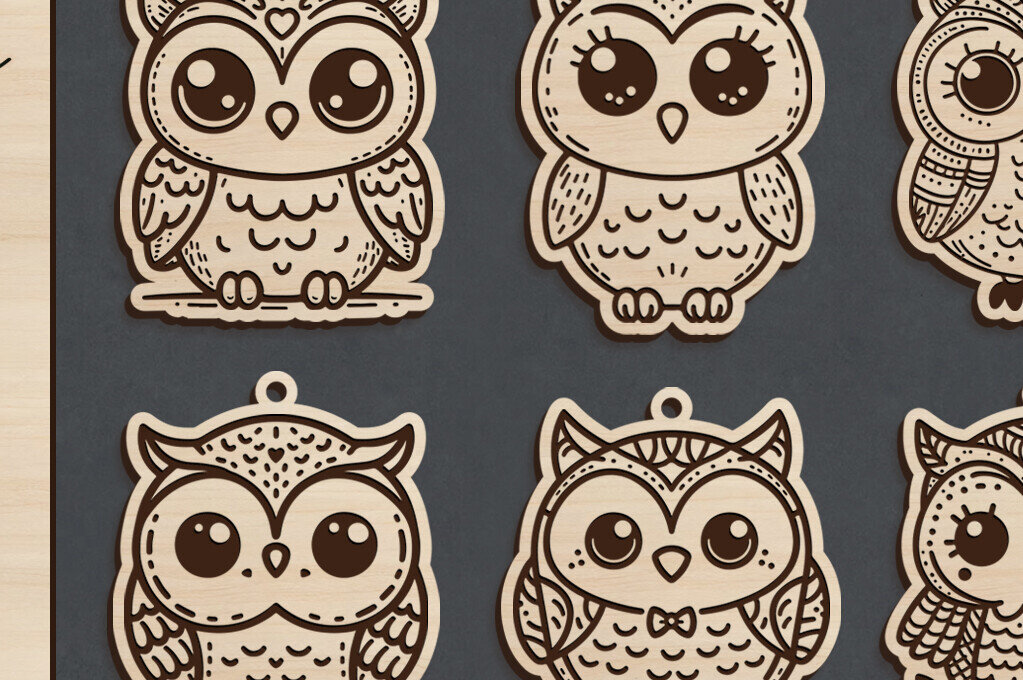 Σετ των 3 Intra απο ξύλο plywood 3mm-4mm πάχος – Σετ μπρελόκ κουκουβάγιας κοπής με λέιζερ | DXF | Δίασταση  5x5 cm INTRAFABR-120863098