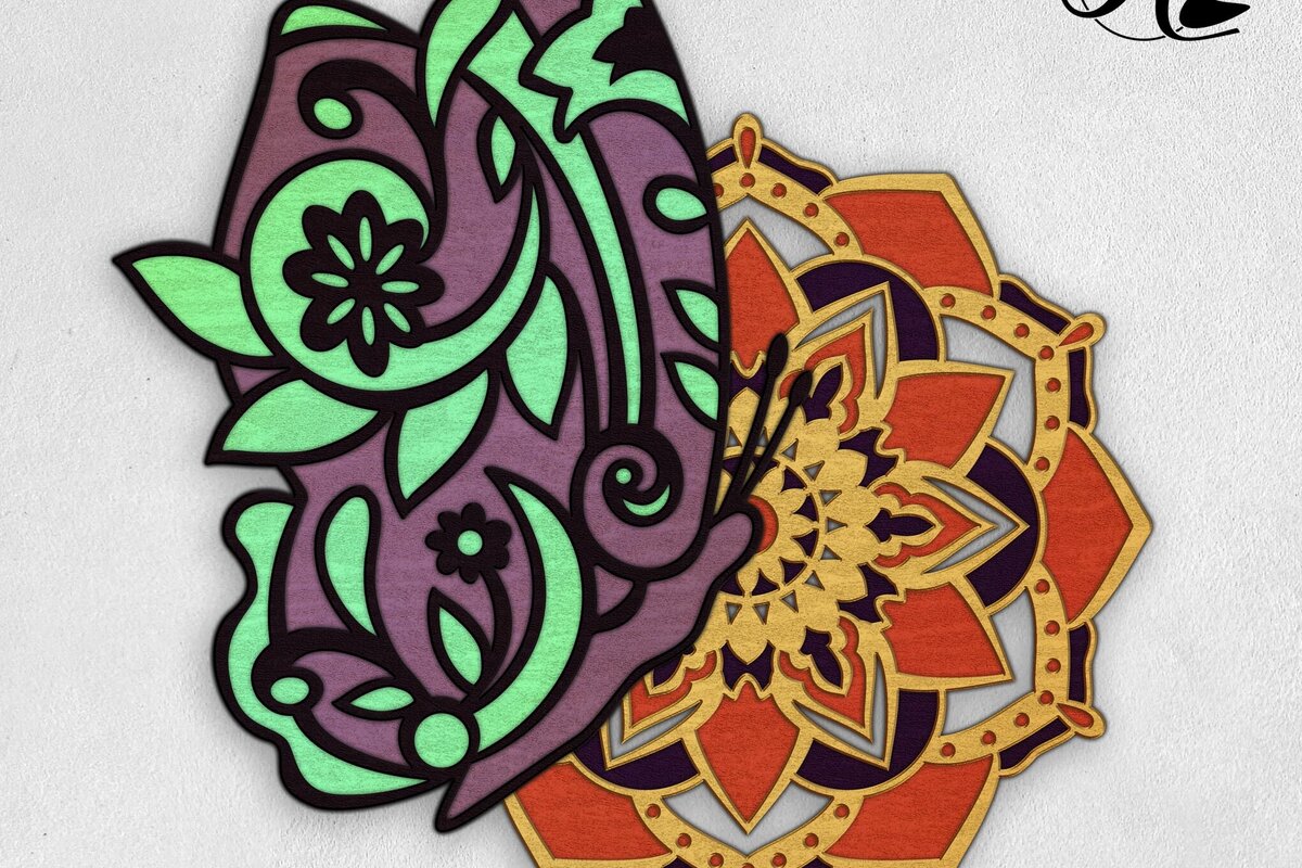 Σετ των 2 Intra απο ξύλο plywood 3mm-4mm πάχος – Paisley Butterfly and Mandala 3D Art Δίασταση  20x20 cm INTRAFABR-95897442