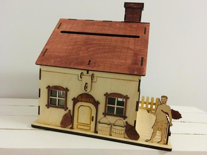 Intra απο ξύλο plywood 3mm-4mm πάχος - Ταμιευτήριο κερμάτων Τράπεζας Piggy Bank House Δίασταση 40x50 cm Intraeaxys-yon0zv27