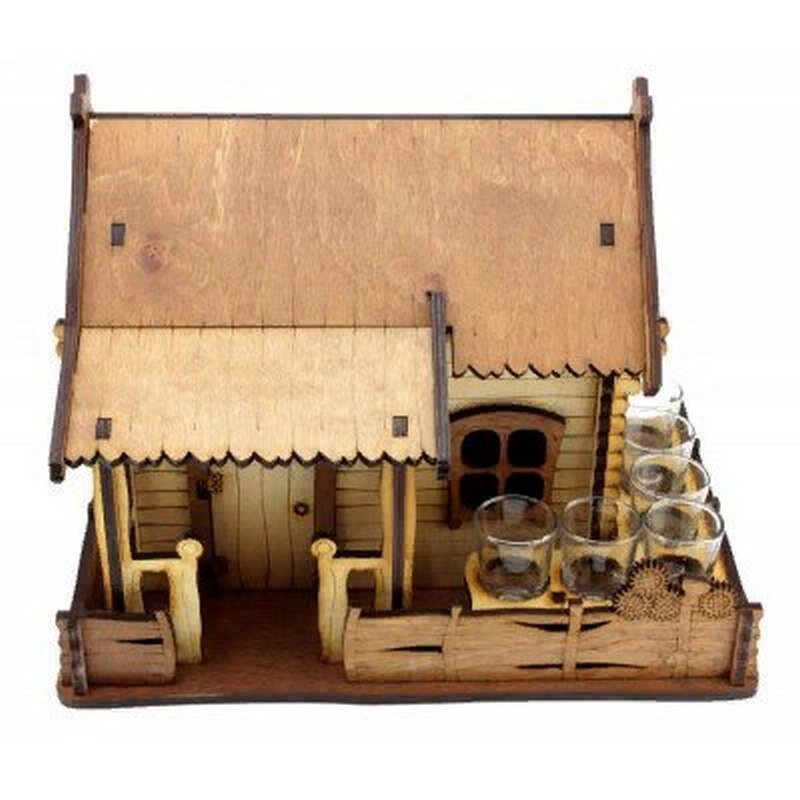 Intra απο ξύλο plywood 3mm-4mm πάχος - Σχάρα κρασιού House Shape Wood Wine Rack 6 Γυάλινη θήκη Δίασταση 40x50 cm Intraeaxys-qomm3zro