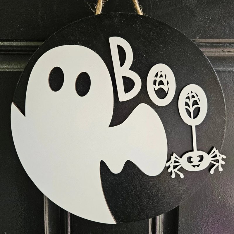 Intra απο ξύλο plywood 3mm-4mm πάχος - Κρεμάστρα πόρτας Halloween Boo Ghost Δίασταση 30x30 cm Intraeaxys-51ry8j3o