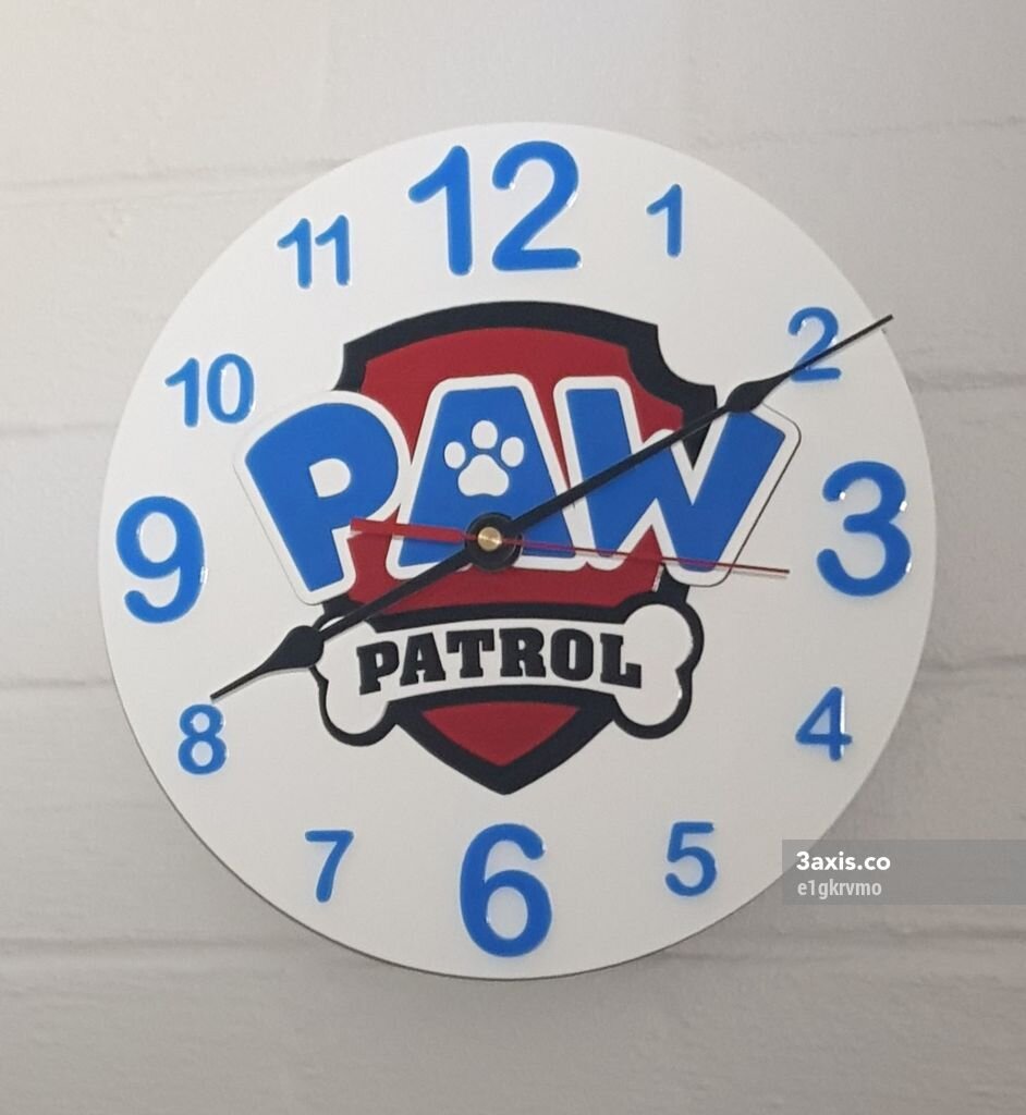 Intra απο ξύλο plywood 3mm-4mm πάχος - Ακρυλικό ρολόι τοίχου Paw Patrol Δίασταση 20x20 cm Intraeaxys-e1gkrvmo
