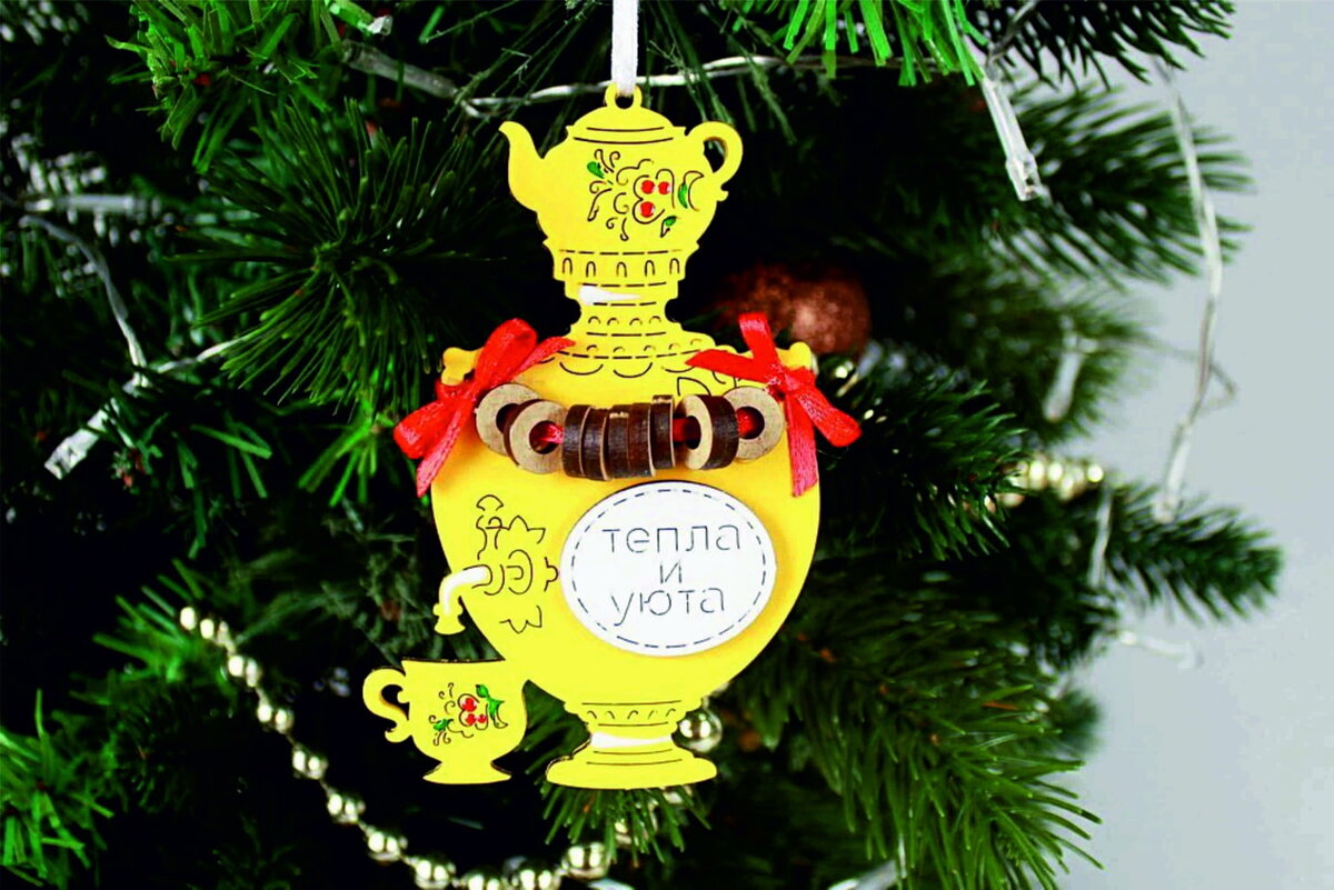 Σετ των 2 Intra απο ξύλο plywood 3mm-4mm πάχος - Χριστουγεννιάτικο στολίδι Samovar με Bagels Δίασταση 10x10 cm Intraeaxys-eoxlnz4o