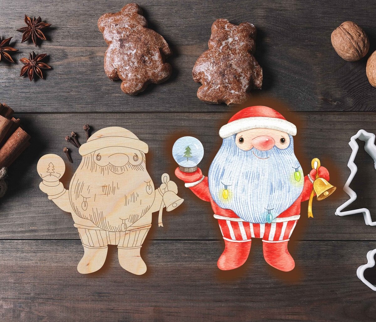 Σετ των 2 Intra απο ξύλο plywood 3mm-4mm πάχος - Χριστουγεννιάτικο Στολίδι Παππού Χριστουγεννιάτικο Δέντρο Διακόσμηση Άγιου Βασίλη Δίασταση 10x10 cm Intraeaxys-r7vmkm57