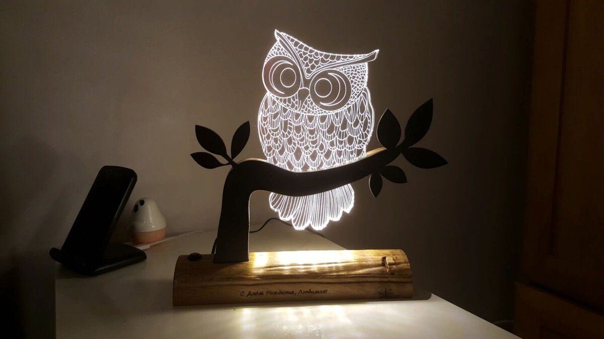 Intra απο ξύλο plywood 3mm-4mm πάχος - Κουκουβάγια 3D LED Night Light Δίασταση 30x30 cm Intraeaxys-zo92ke1k