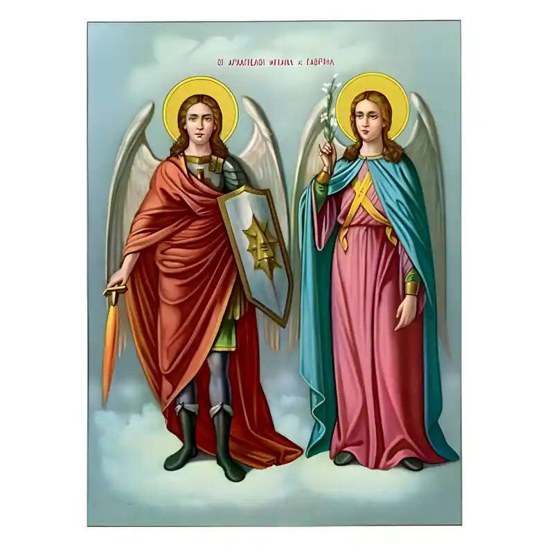Εικόνα Ορθοδοξίας με περίγραμμα χρυσό σε ξύλο Φλαμουρίας  με  βάση Εικόνα Σύναξη Αρχαγγέλων Μιχαήλ και Γαβριήλ Χειροποίητη Ελληνορθόδοξη , Κρεμαστή πλάκα βυζαντινής τέχνης, χριστιανική τέχνη Διάσταση 40x30 cm (15,8 x 11,8 ίντσες) INTRAEK-294670406