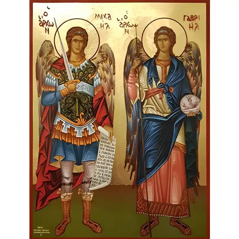 Εικόνα Ορθοδοξίας με περίγραμμα χρυσό σε ξύλο Φλαμουρίας  με  βάση Εικόνα Σύναξη Αρχαγγέλων Μιχαήλ και Γαβριήλ Χειροποίητη Ελληνορθόδοξη , Κρεμαστή πλάκα βυζαντινής τέχνης, χριστιανική τέχνη Διάσταση 40x30 cm (15,8 x 11,8 ίντσες) INTRAEK-294670403