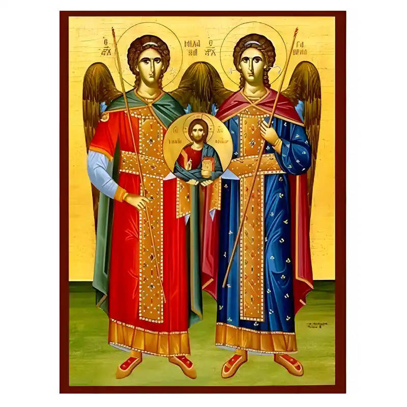 Εικόνα Ορθοδοξίας με περίγραμμα χρυσό σε ξύλο Φλαμουρίας  με  βάση Εικόνα Σύναξη Αρχαγγέλων Μιχαήλ και Γαβριήλ Χειροποίητη Ελληνορθόδοξη , Κρεμαστή πλάκα βυζαντινής τέχνης, χριστιανική τέχνη Διάσταση 40x30 cm (15,8 x 11,8 ίντσες) INTRAEK-294670401