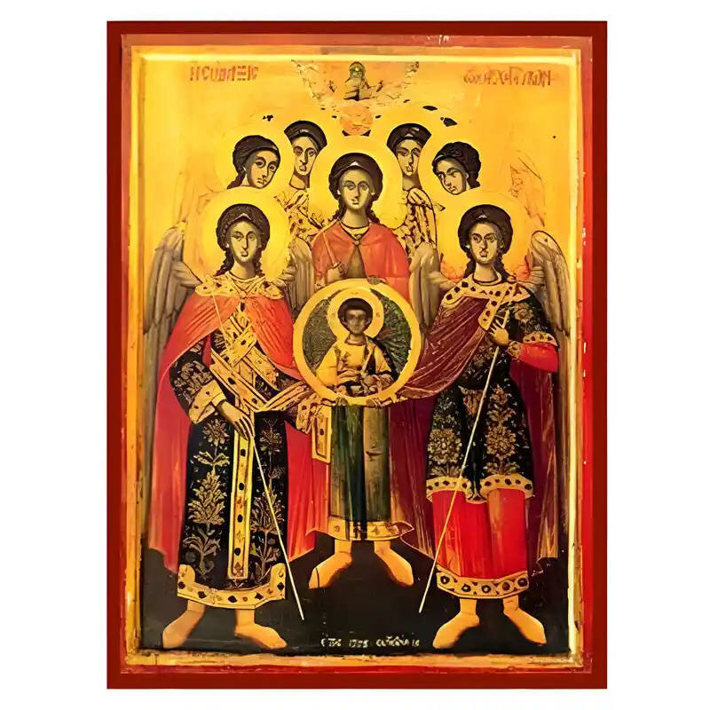 Εικόνα Ορθοδοξίας με περίγραμμα χρυσό σε ξύλο Φλαμουρίας  με  βάση Εικόνα Σύναξη Αρχαγγέλων, Μιχαήλ, Γαβριήλ, Ραφαήλ, Ουριήλ, Σαλαφιήλ, Γιεγουδιήλ και Βαραχιήλ Χειροποίητη Ελληνορθόδοξη , Κρεμαστή πλάκα βυζαντινής τέχνης, χριστιανική τέχνη Διάσταση 40x30