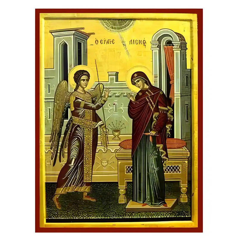 Εικόνα Ορθοδοξίας με περίγραμμα χρυσό σε ξύλο Φλαμουρίας  με  βάση Εικόνα Ευαγγελισμός της Θεοτόκου Χειροποίητη Ελληνορθόδοξη , Κρεμαστή πλάκα βυζαντινής τέχνης, χριστιανική τέχνη Διάσταση 45x35 cm (17,7 x 13,8 ίντσες) INTRAEK-6294670985