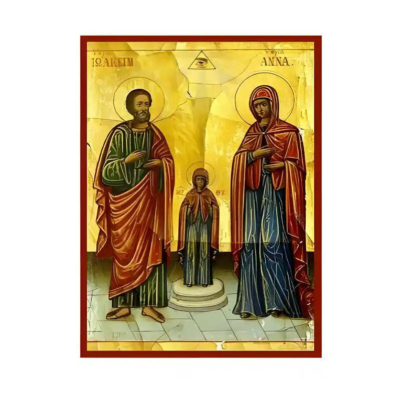 Εικόνα Ορθοδοξίας με περίγραμμα χρυσό σε ξύλο Φλαμουρίας  με  βάση Εικόνα Άγιοι Θεοπάτορες, Άγιοι Ιωακείμ και Άννα με Παναγία Χειροποίητη Ελληνορθόδοξη , Κρεμαστή πλάκα βυζαντινής τέχνης, χριστιανική τέχνη Διάσταση 45x35 cm (17,7 x 13,8 ίντσες) INTRAEK-11