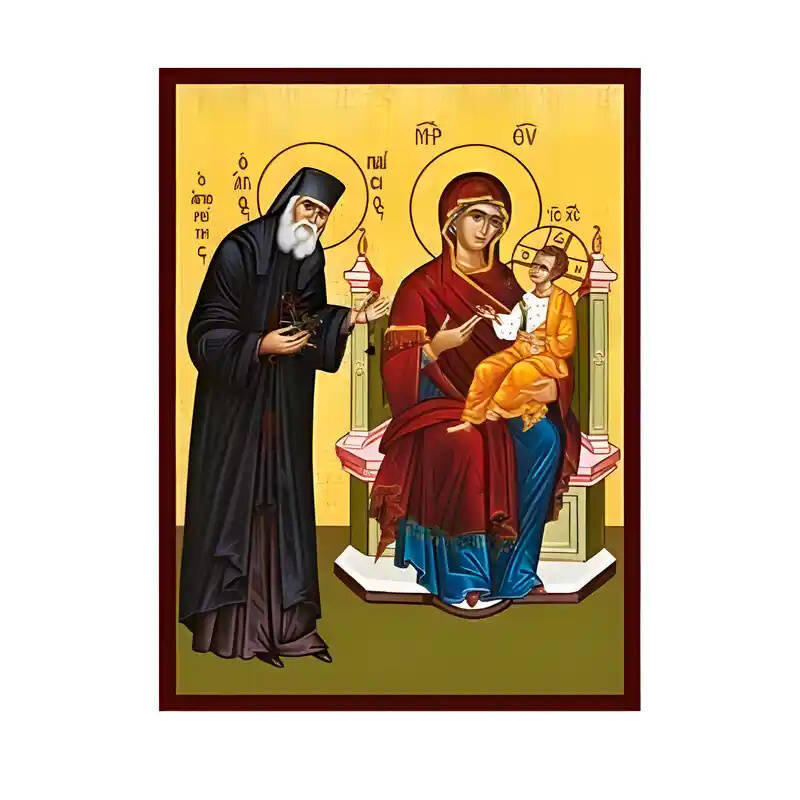 Εικόνα Ορθοδοξίας με περίγραμμα χρυσό σε ξύλο Φλαμουρίας  με  βάση Εικόνα Άγιος Παΐσιος και Παναγία Χειροποίητη Ελληνορθόδοξη , Κρεμαστή πλάκα βυζαντινής τέχνης, χριστιανική τέχνη Διάσταση 45x35 cm (17,7 x 13,8 ίντσες) INTRAEK-6294671355