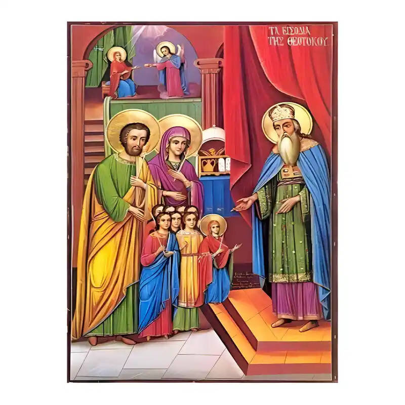 Εικόνα Ορθοδοξίας με περίγραμμα χρυσό σε ξύλο Φλαμουρίας  με  βάση Εικόνα Εισόδια της Θεοτόκου Χειροποίητη Ελληνορθόδοξη , Κρεμαστή πλάκα βυζαντινής τέχνης, χριστιανική τέχνη Διάσταση 45x35 cm (17,7 x 13,8 ίντσες) INTRAEK-6294670999