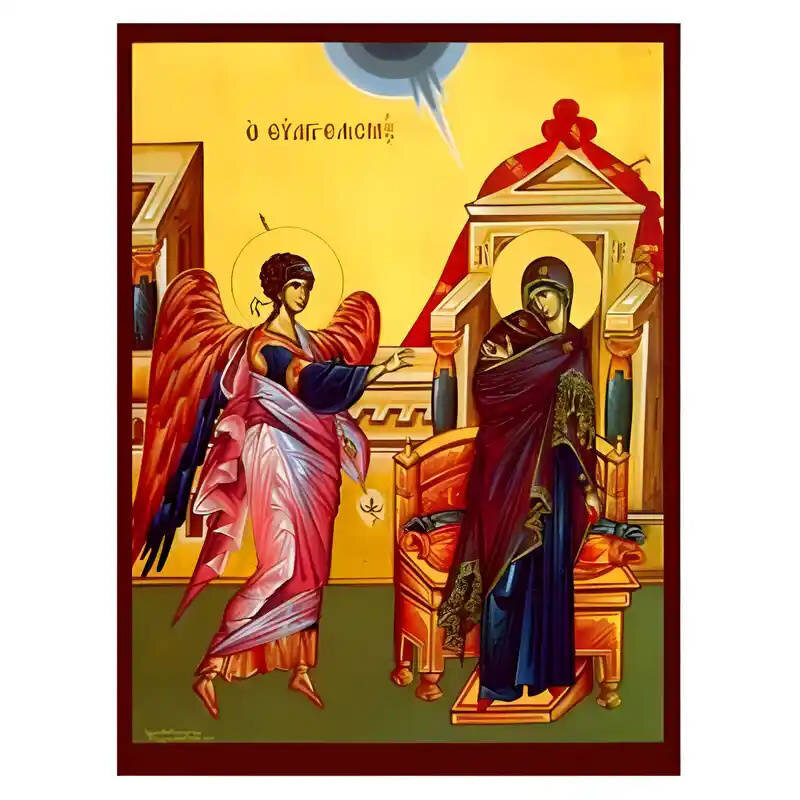 Εικόνα Ορθοδοξίας με περίγραμμα χρυσό σε ξύλο Φλαμουρίας  με  βάση Εικόνα Ευαγγελισμός της Θεοτόκου Χειροποίητη Ελληνορθόδοξη , Κρεμαστή πλάκα βυζαντινής τέχνης, χριστιανική τέχνη Διάσταση 45x35 cm (17,7 x 13,8 ίντσες) INTRAEK-6294670991