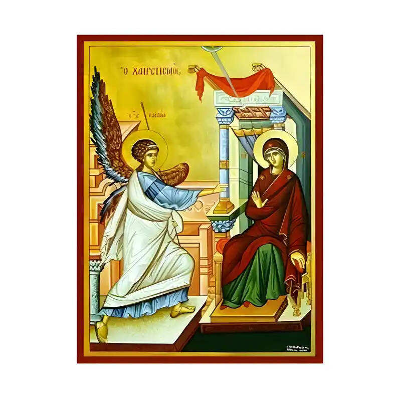 Εικόνα Ορθοδοξίας με περίγραμμα χρυσό σε ξύλο Φλαμουρίας  με  βάση Εικόνα Ευαγγελισμός της Θεοτόκου, Χαιρετισμός Χειροποίητη Ελληνορθόδοξη , Κρεμαστή πλάκα βυζαντινής τέχνης, χριστιανική τέχνη Διάσταση 45x35 cm (17,7 x 13,8 ίντσες) INTRAEK-6294670984