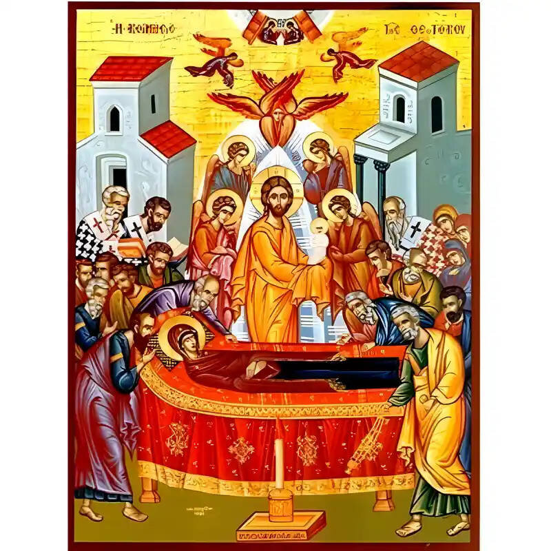 Εικόνα Ορθοδοξίας με περίγραμμα χρυσό σε ξύλο Φλαμουρίας  με  βάση Εικόνα Κοίμησις της Θεοτόκου Χειροποίητη Ελληνορθόδοξη , Κρεμαστή πλάκα βυζαντινής τέχνης, χριστιανική τέχνη Διάσταση 45x35 cm (17,7 x 13,8 ίντσες) INTRAEK-6294670978