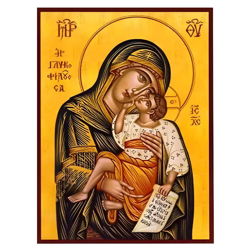 Εικόνα Ορθοδοξίας με περίγραμμα χρυσό σε ξύλο Φλαμουρίας  με  βάση Εικόνα Παναγία Γλυκοφιλούσα Χειροποίητη Ελληνορθόδοξη , Κρεμαστή πλάκα βυζαντινής τέχνης, χριστιανική τέχνη Διάσταση 45x35 cm (17,7 x 13,8 ίντσες) INTRAEK-6294671309