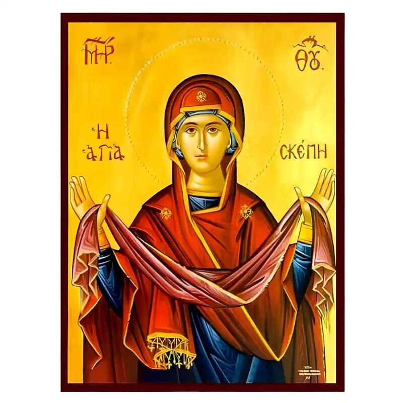 Εικόνα Ορθοδοξίας με περίγραμμα χρυσό σε ξύλο Φλαμουρίας  με  βάση Εικόνα Παναγία η Αγία Σκέπη Χειροποίητη Ελληνορθόδοξη , Κρεμαστή πλάκα βυζαντινής τέχνης, χριστιανική τέχνη Διάσταση 45x35 cm (17,7 x 13,8 ίντσες) INTRAEK-6294671277