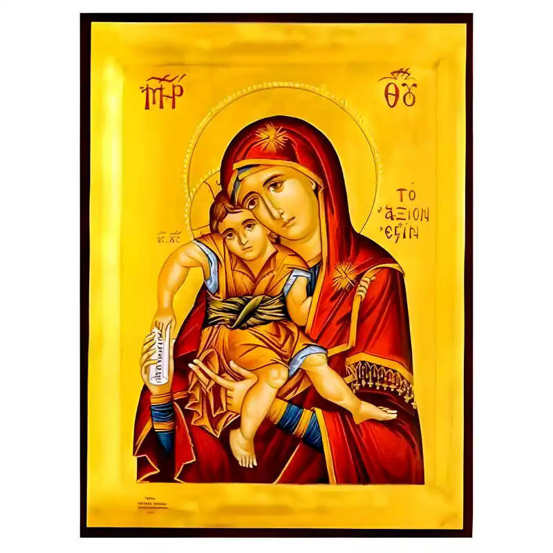 Εικόνα Ορθοδοξίας με περίγραμμα χρυσό σε ξύλο Φλαμουρίας  με  βάση Εικόνα Παναγία με Χριστό, Άξιον Εστί Χειροποίητη Ελληνορθόδοξη , Κρεμαστή πλάκα βυζαντινής τέχνης, χριστιανική τέχνη Διάσταση 45x35 cm (17,7 x 13,8 ίντσες) INTRAEK-6294671264