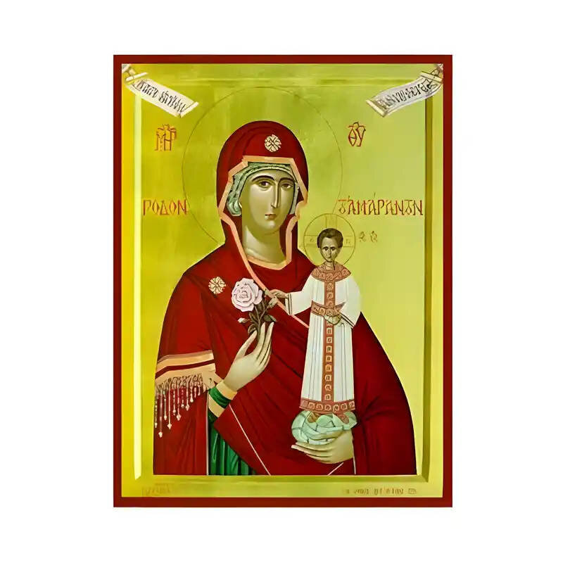 Εικόνα Ορθοδοξίας με περίγραμμα χρυσό σε ξύλο Φλαμουρίας  με  βάση Εικόνα Παναγία Ρόδο το Αμάραντο Χειροποίητη Ελληνορθόδοξη , Κρεμαστή πλάκα βυζαντινής τέχνης, χριστιανική τέχνη Διάσταση 45x35 cm (17,7 x 13,8 ίντσες) INTRAEK-6294671202