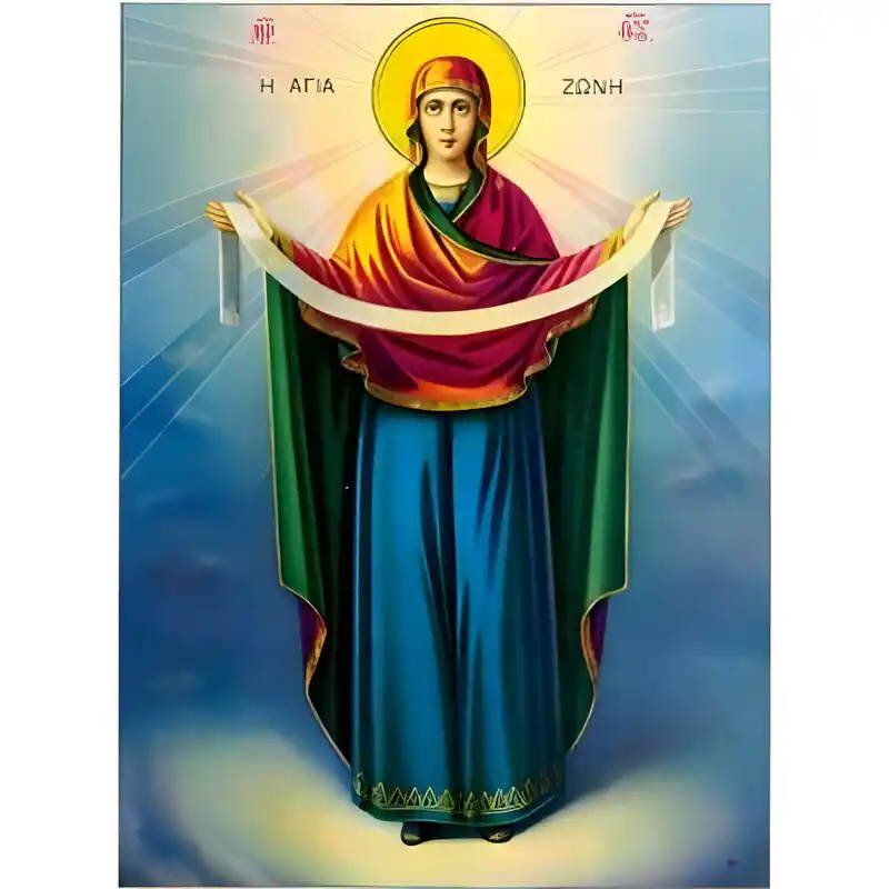 Εικόνα Ορθοδοξίας με περίγραμμα χρυσό σε ξύλο Φλαμουρίας  με  βάση Εικόνα Παναγία, Κατάθεση Τίμιας Ζώνης Χειροποίητη Ελληνορθόδοξη , Κρεμαστή πλάκα βυζαντινής τέχνης, χριστιανική τέχνη Διάσταση 45x35 cm (17,7 x 13,8 ίντσες) INTRAEK-6294671186