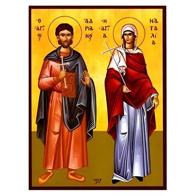 Εικόνα Ορθοδοξίας με περίγραμμα χρυσό σε ξύλο Φλαμουρίας  με  βάση Εικόνα Άγιοι Αδριανός και Ναταλία Χειροποίητη Ελληνορθόδοξη , Κρεμαστή πλάκα βυζαντινής τέχνης, χριστιανική τέχνη Διάσταση 45x35 cm (17,7 x 13,8 ίντσες) INTRAEK-6294671172