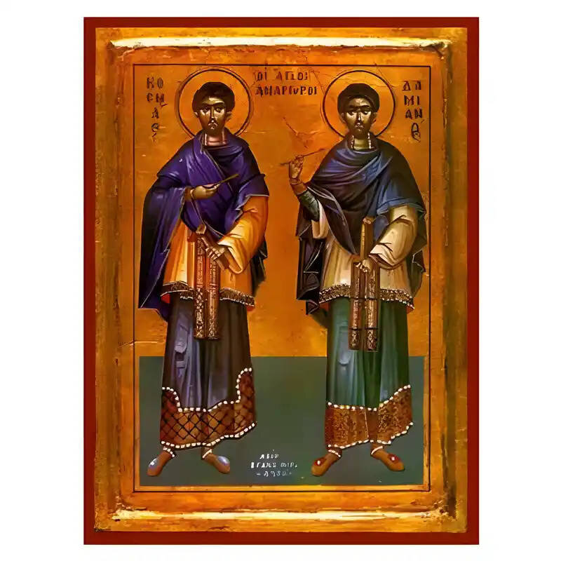Εικόνα Ορθοδοξίας με περίγραμμα χρυσό σε ξύλο Φλαμουρίας  με  βάση Εικόνα Άγιοι Ανάργυροι Χειροποίητη Ελληνορθόδοξη , Κρεμαστή πλάκα βυζαντινής τέχνης, χριστιανική τέχνη Διάσταση 45x35 cm (17,7 x 13,8 ίντσες) INTRAEK-6294671170